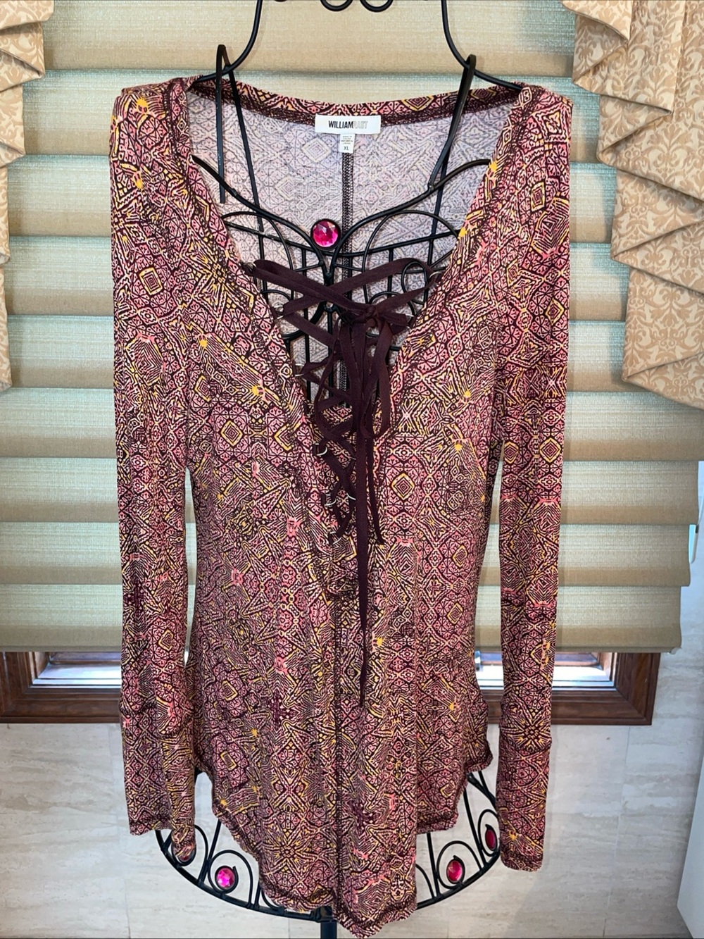 William Rast Women’s Brown/Orange Print Lace Up Long Sleeve Shirt Size XL